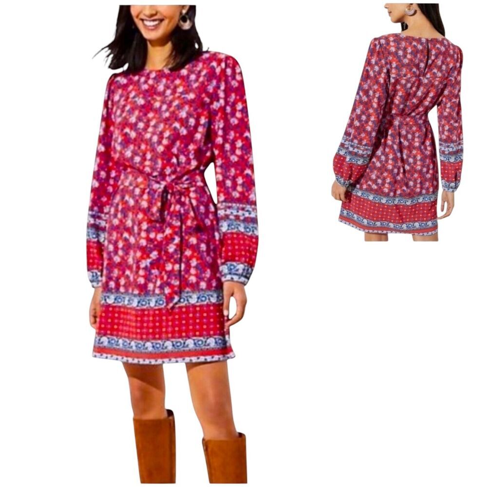 LOFT BORDER FLORAL ROUND NECK BALLOON SLEEVES LENGTH DRESS SIZE MP MULTI RED